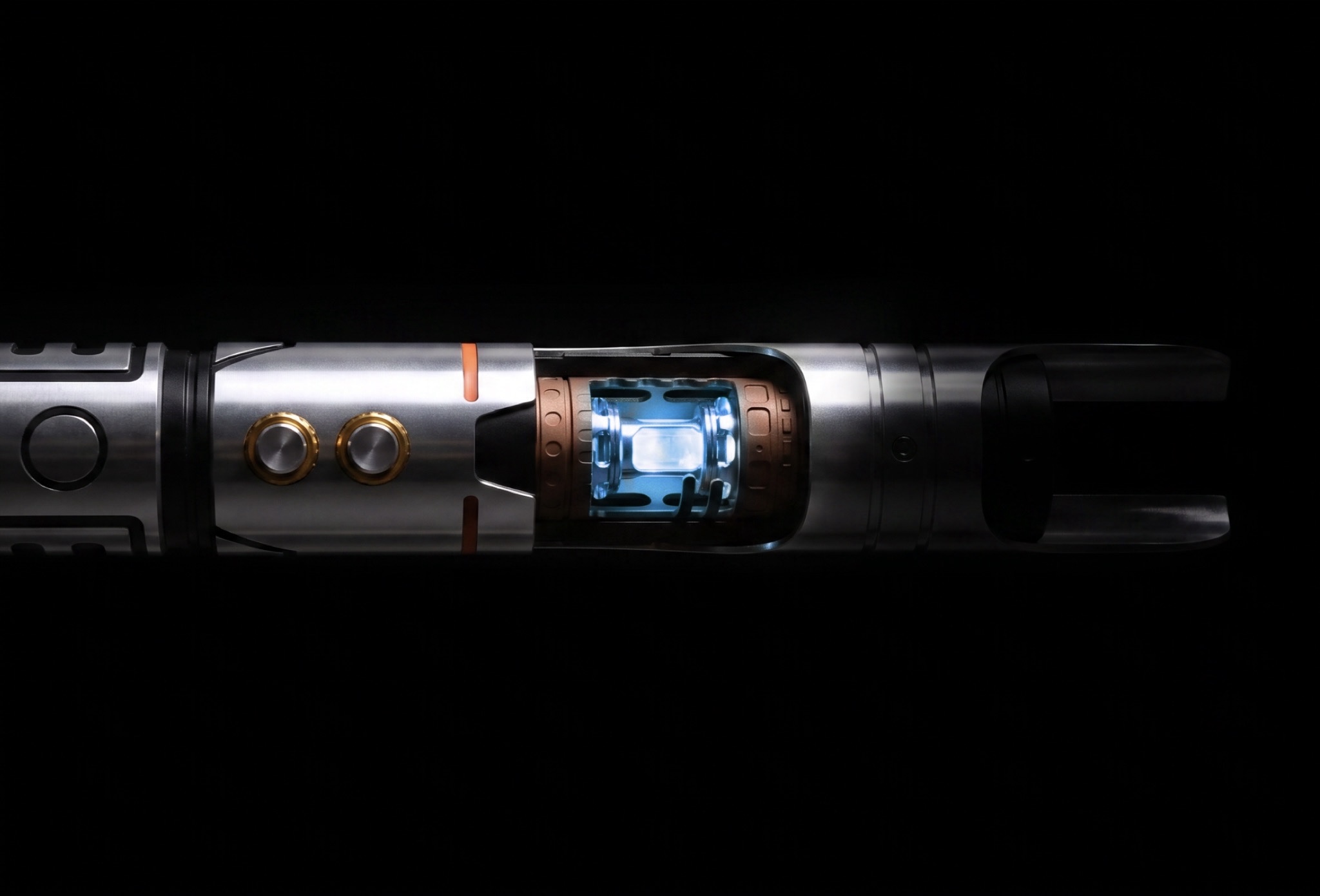 The Orion saber with its illuminated exposed kyber crystal